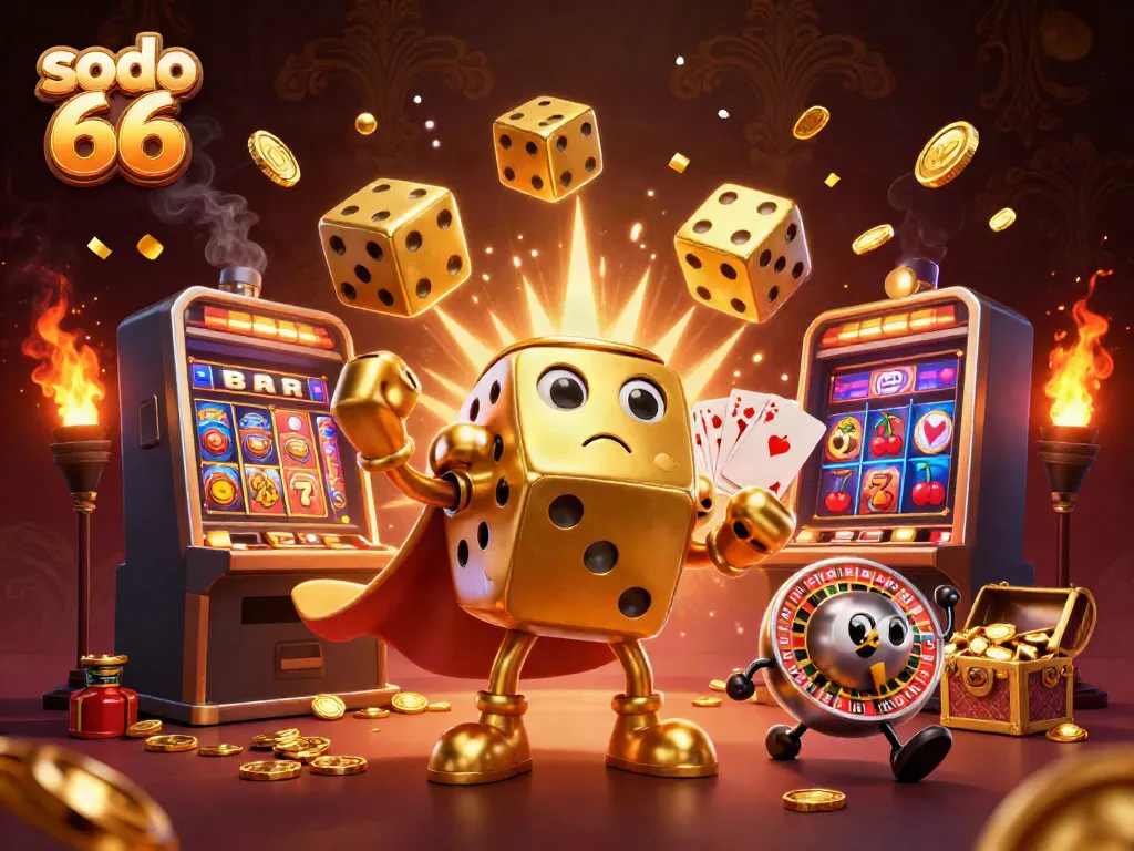 Experience the thrill of sodo 66 with a dazzling jackpot scene featuring golden dice and casino games.