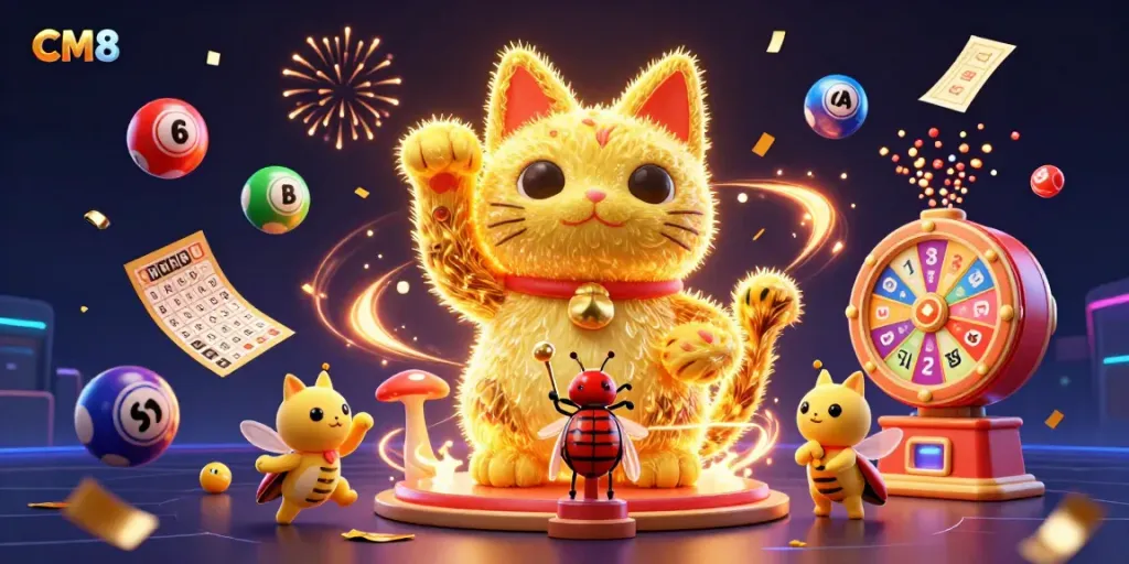 Experience CM8's vibrant gaming world with a dynamic scene of casino elements, lucky symbols, and prizes.