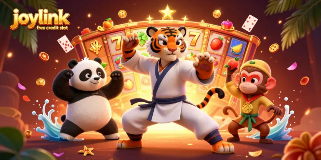Engage with joylink free credit slot as the kung fu tiger master showcases skills amid vibrant slot symbols.
