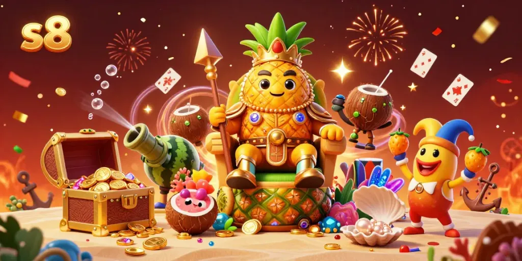S8 casino scene featuring a golden pineapple king, coconut guards, and vibrant gambling elements.