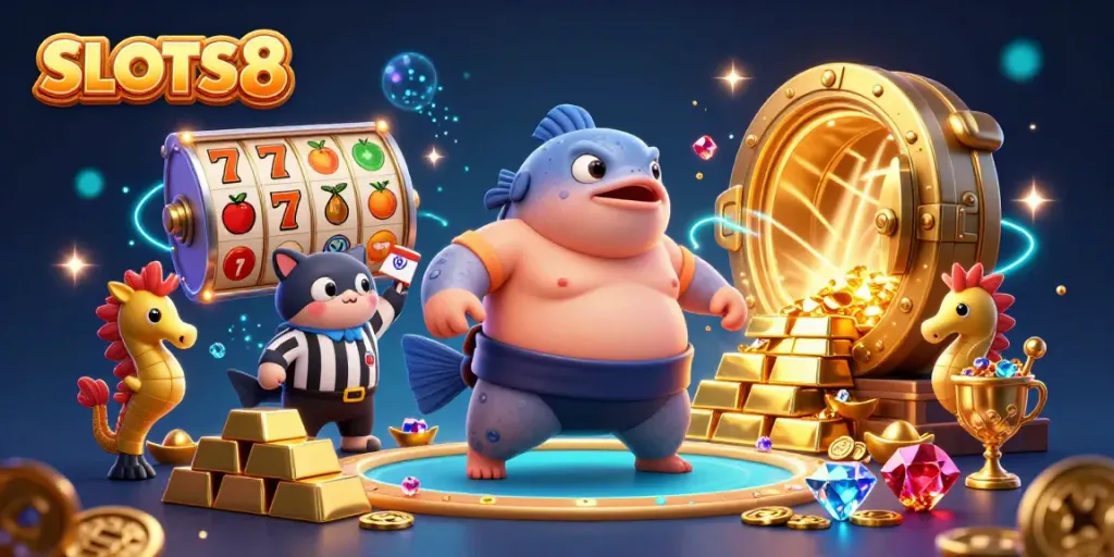 Experience SLOTS8 with vibrant slot reels and festive underwater characters celebrating jackpots.