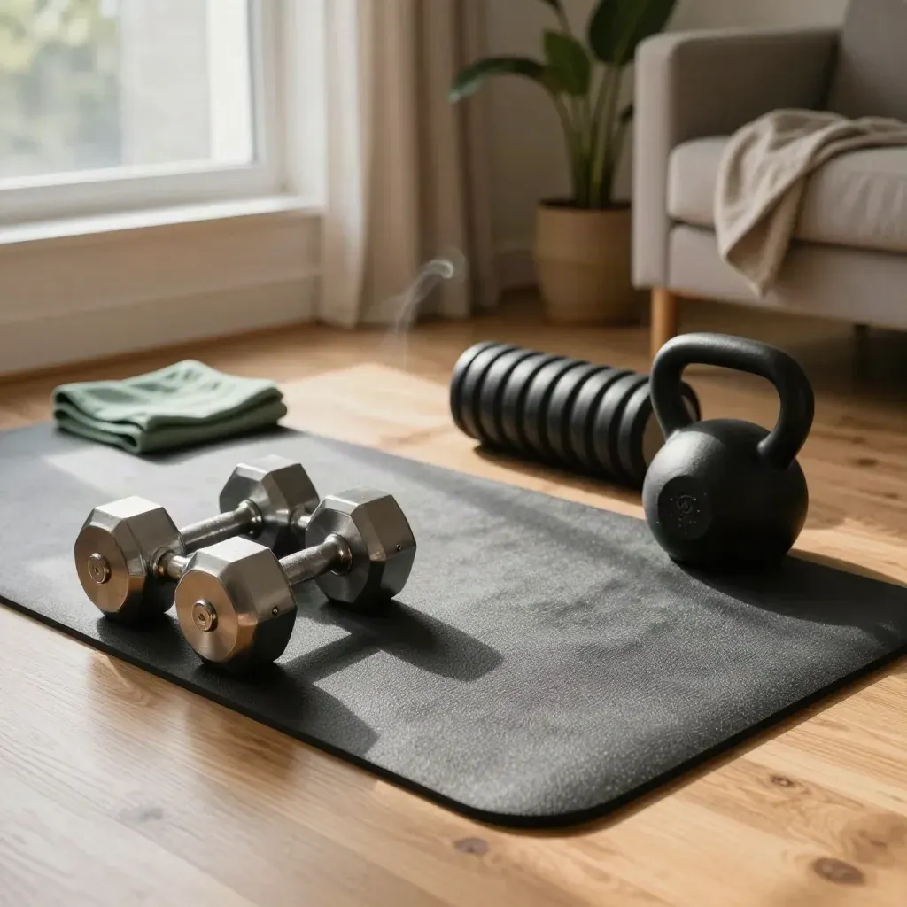 Sudut latihan ruang tamu dengan tikar yoga, dumbel, kettlebell dan tuala hijau daun.