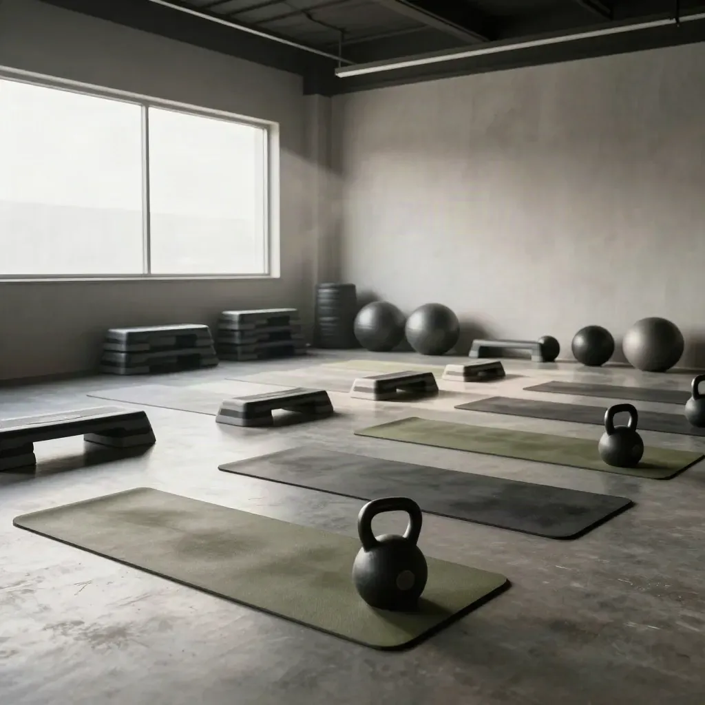 Studio kecergasan kosong dengan tikar, kettlebell dan platform langkah di bawah tingkap terang.