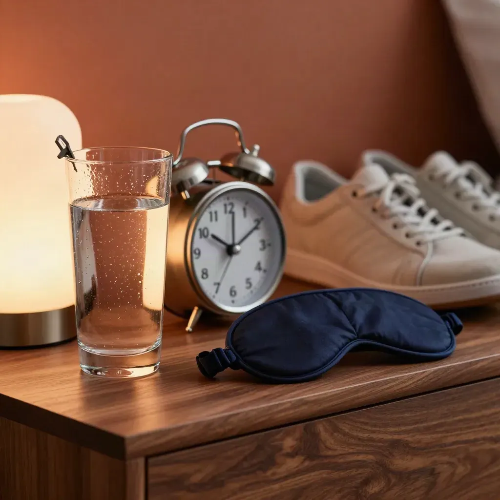 Stesen rutin pagi di sisi katil dengan air, jam loceng, topeng tidur dan kasut berjalan.