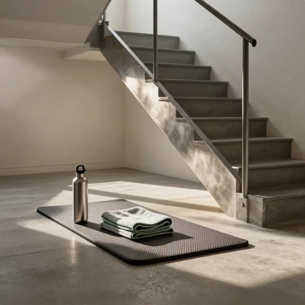 Tangga apartmen dengan botol air, tuala, papan step dan tikar pemulihan sedia untuk latihan.