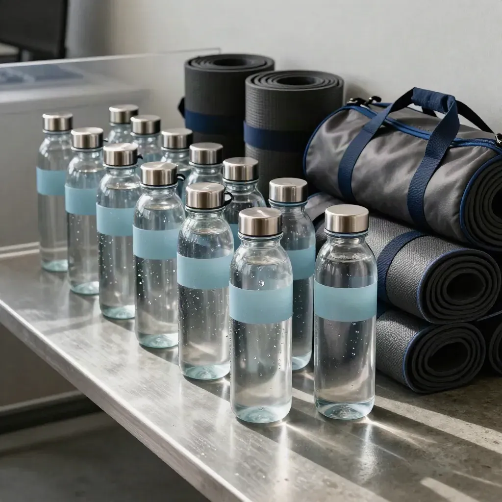 Sudut rendah nook pejabat dengan 12 botol air, tikar kecergasan dan beg gim tertutup.