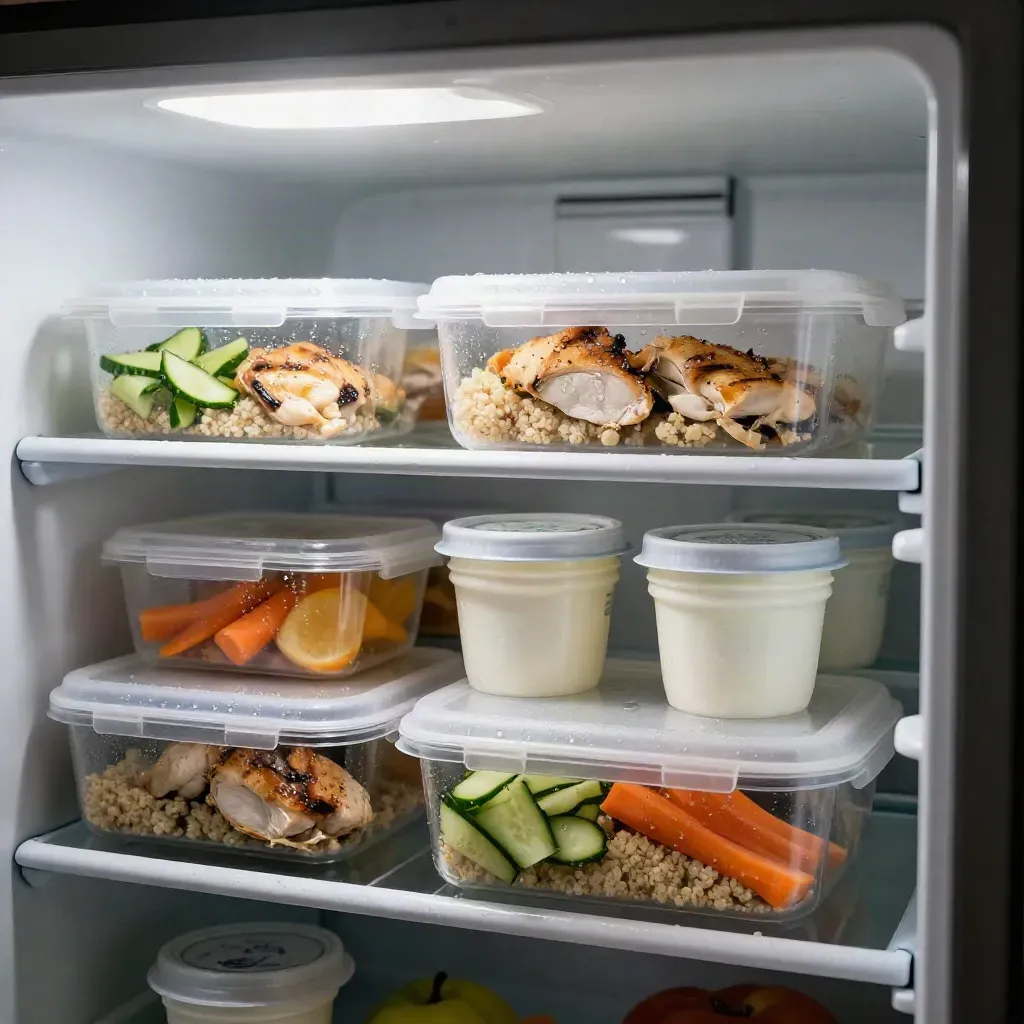 Rak peti sejuk berisi bekal sihat, bekas buah dan yogurt sejuk tersusun rapi.