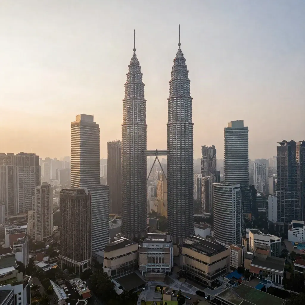 Pemandangan langit Kuala Lumpur dengan KL Tower dan Merdeka 118 diselubungi kabus pagi.