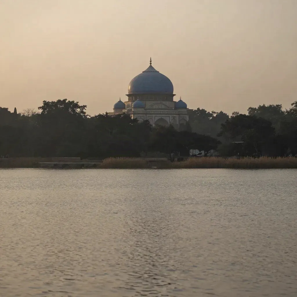 Siluet Masjid Biru Shah Alam di tepi tasik dengan kabus senja dan ruang tenang untuk teks.