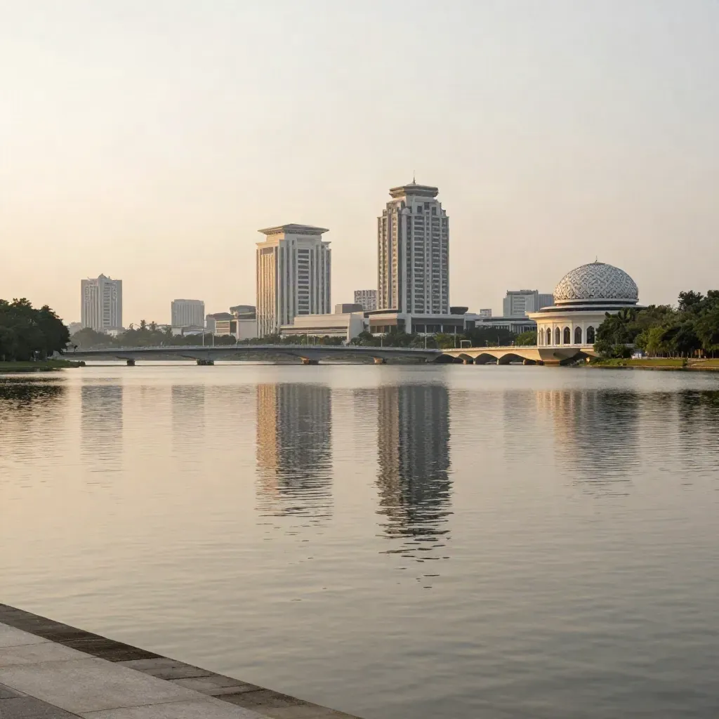 Lanskap Tasik Putrajaya dan Cyberjaya waktu senja dengan jambatan dan pantulan tenang.
