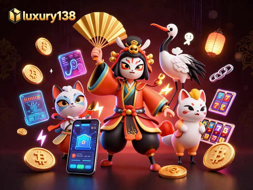 Players explore luxury138's vibrant gaming world with dazzling slot features and characters.