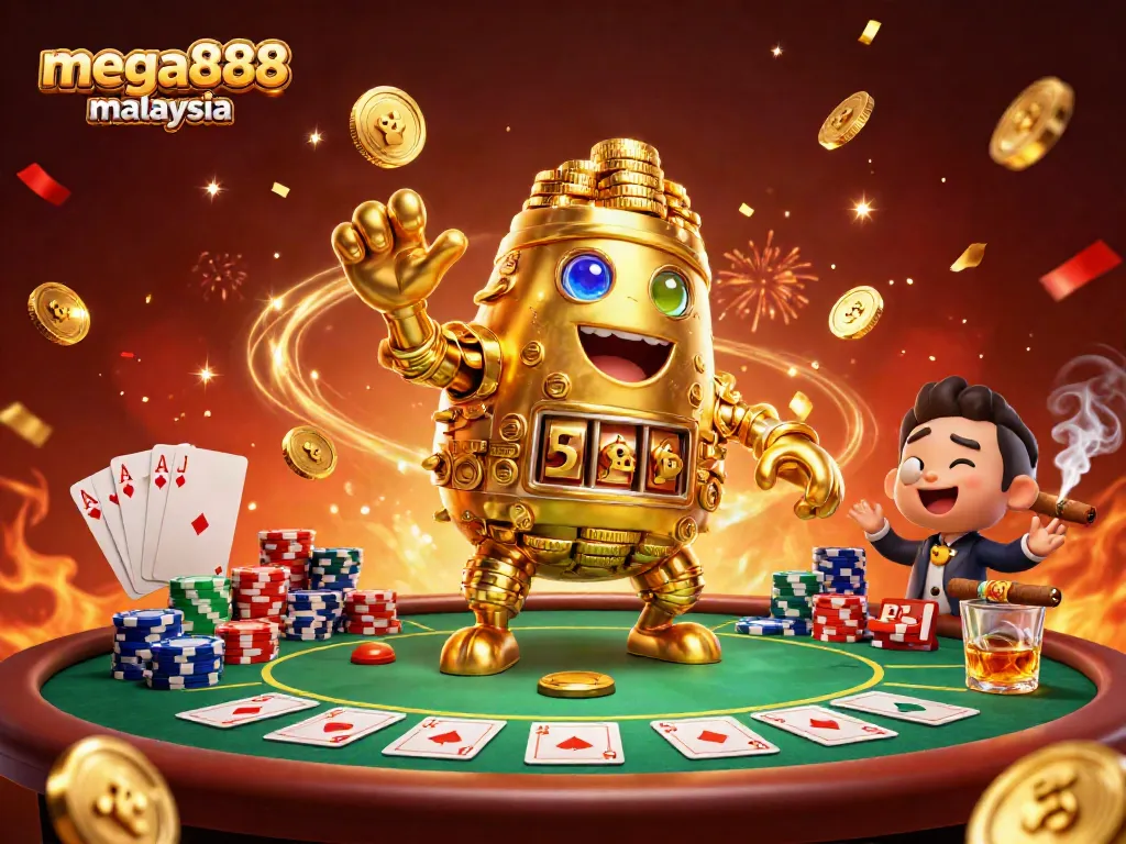Engage in thrilling action with mega888 malaysia, showcasing a golden golem amidst vibrant casino elements.