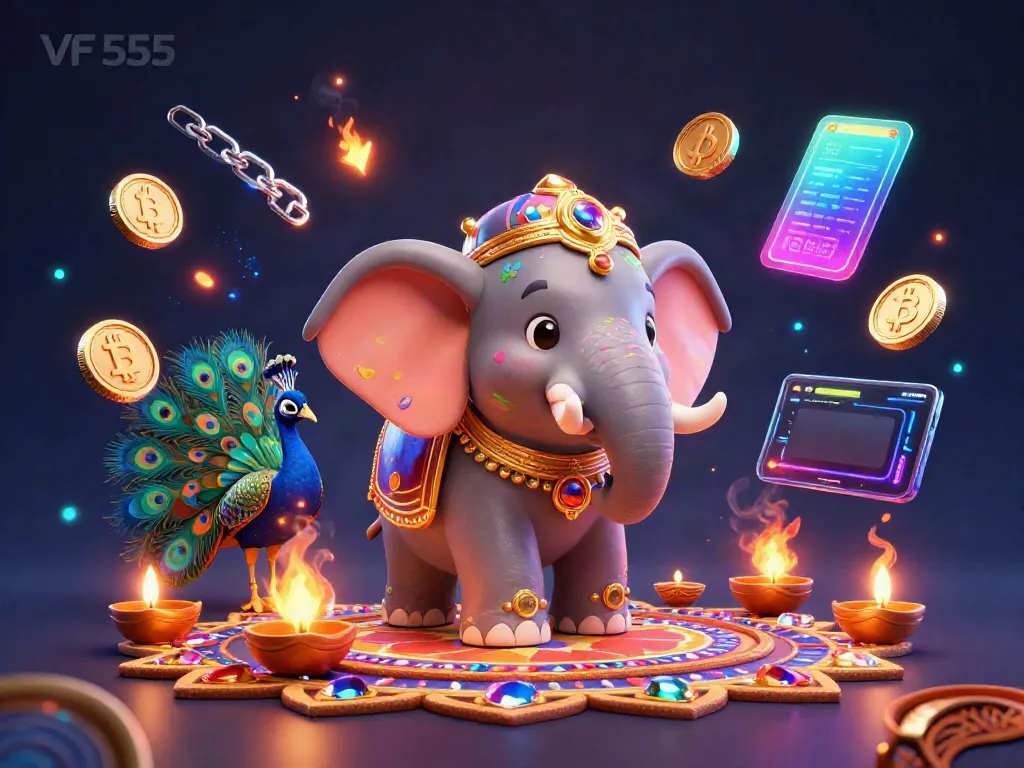 Engage in thrilling gambling experiences at VF 555 with a vibrant casino-themed illustration and crypto elements.