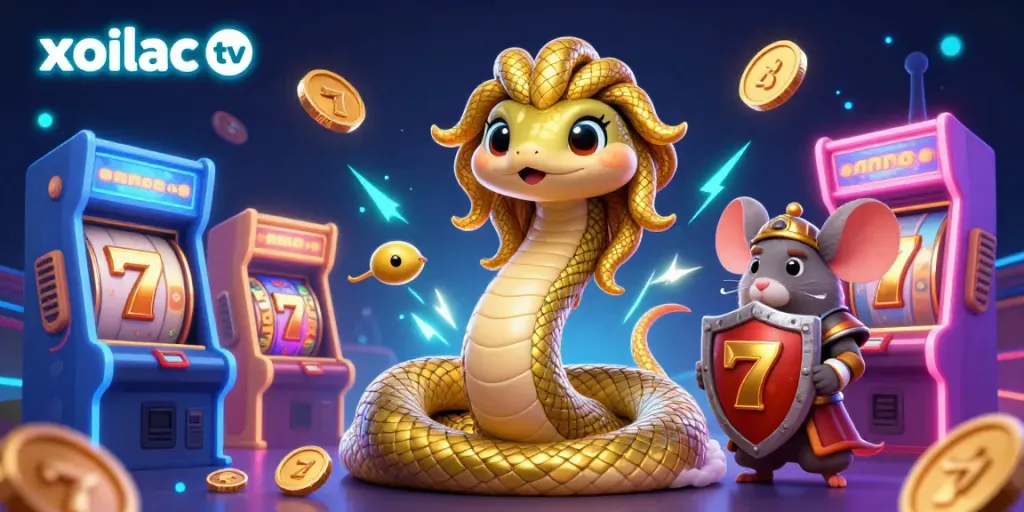 Xoilac TV showcases a lively Medusa and a stone-shield warrior surrounded by vibrant slots for an engaging online gambling experience.