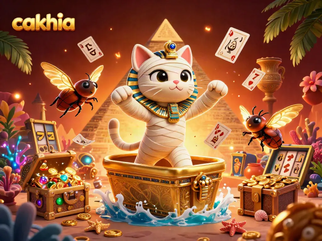 Cakhia showcases a vibrant illustration of a mummy cat in a pyramid casino, surrounded by dynamic gambling elements.