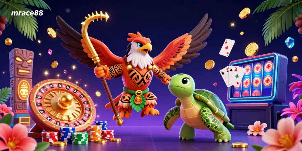 Experience the excitement of mrace88 with a vibrant 3D scene showcasing slot games and casino elements.