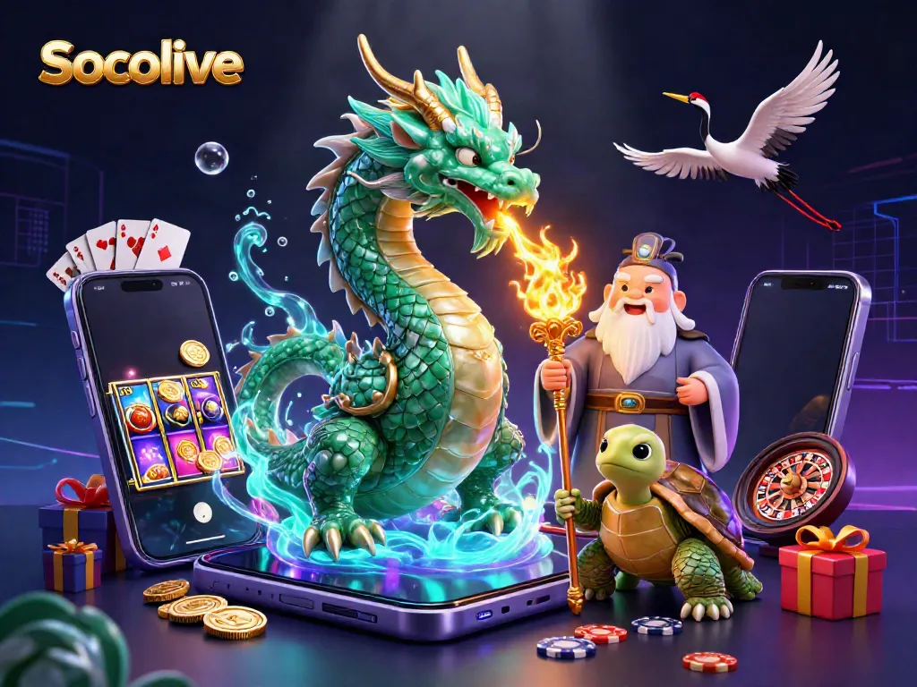 Socolive features a vibrant 3D illustration showcasing a jade dragon, wise turtle sage, and cranes, celebrating gambling excitement.