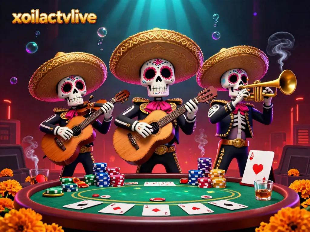 Experience vibrant poker action with xoilactvlive's animated mariachi band in a festive casino scene.