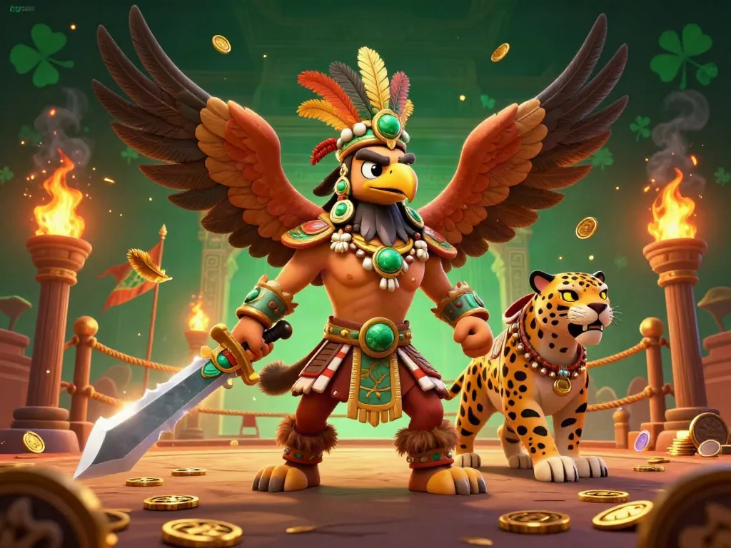 Engage in thrilling action with "rtzz com" featuring fierce Aztec warriors in a vibrant casino atmosphere.