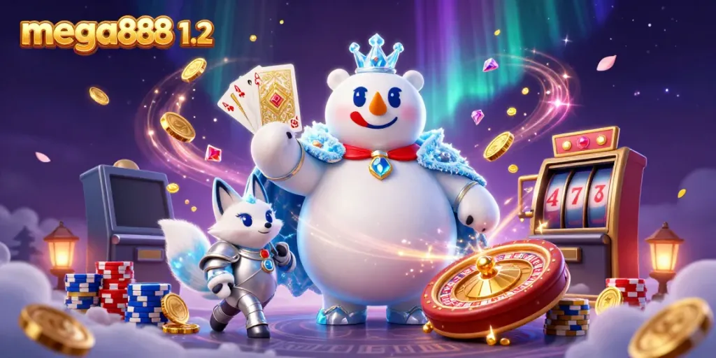 Experience the thrill of mega888 1.2 with an enchanting illustration featuring a 3D ice king polar bear and snow fox amid casino elements.