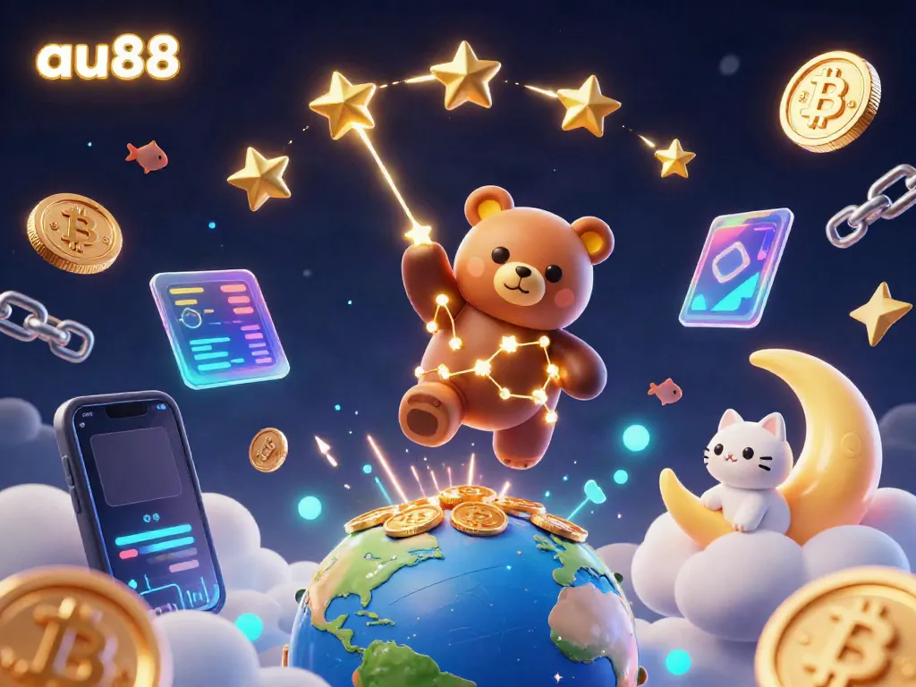 Feel the thrills at au88 with a vibrant cosmic casino scene featuring stars and cryptocurrency elements.