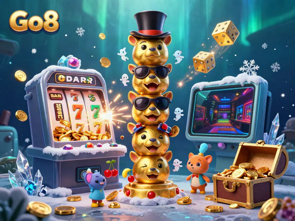 Engage with Go8 through a vibrant 3D gaming scene featuring playful casino elements and a colorful jackpot explosion.