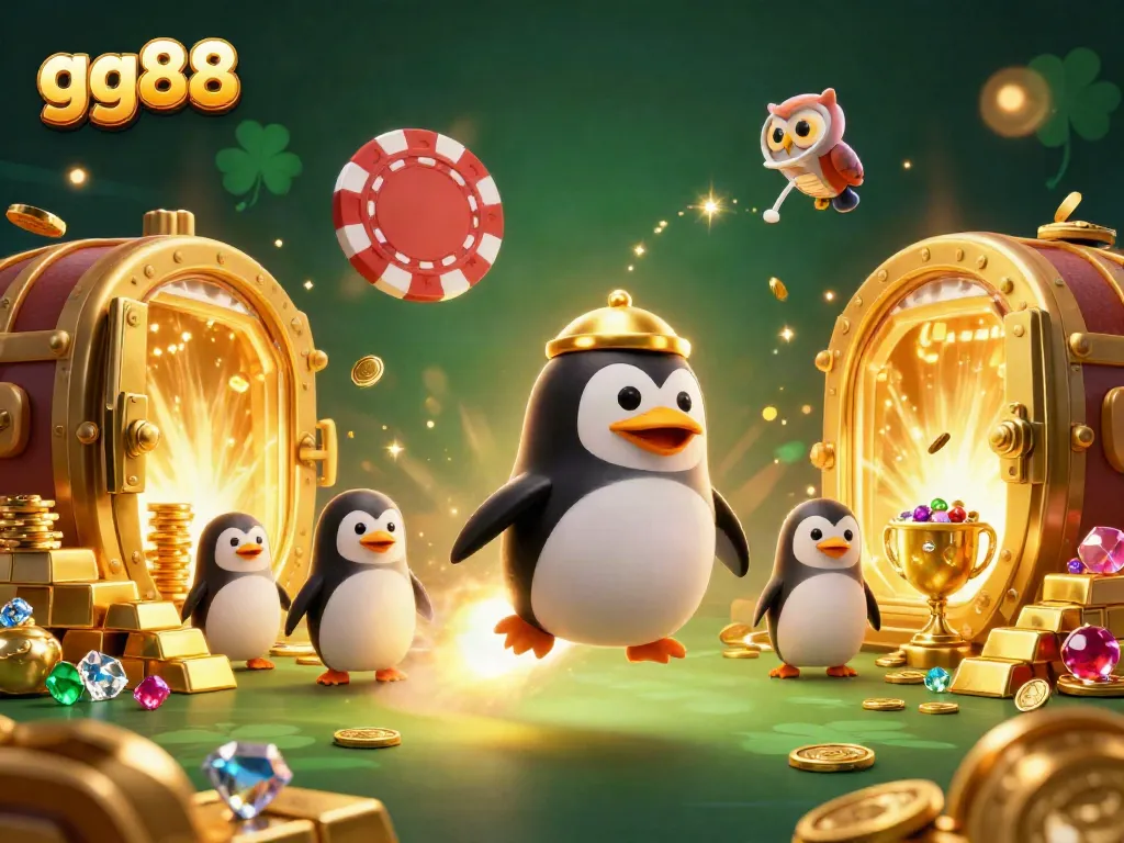 Launch into gaming adventures with gg88, featuring a golden penguin and treasure-filled space.