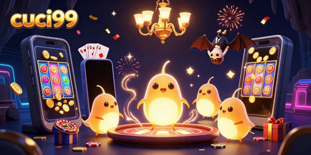 Experience the excitement of cuci99 with glowworms illuminating a vibrant casino scene.