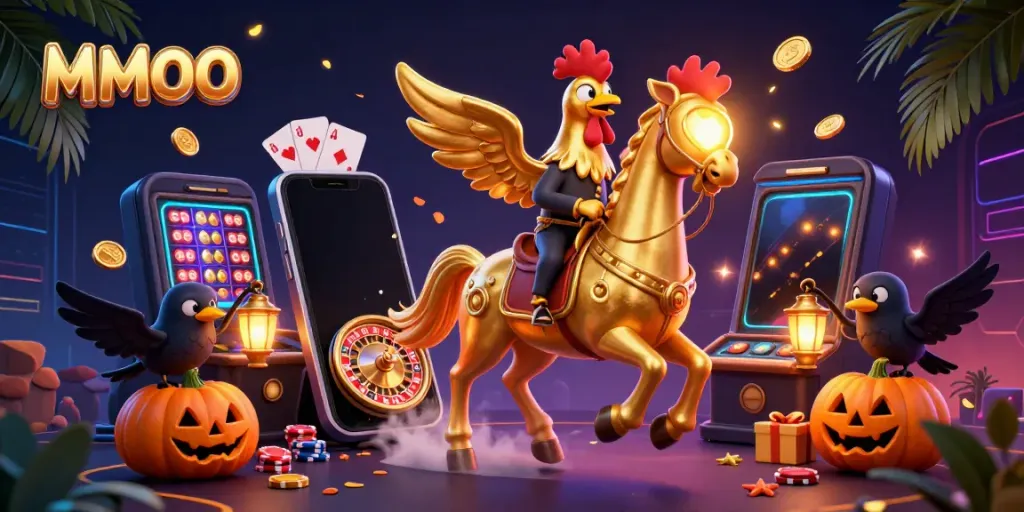 Experience the thrill of MMOO with a golden rooster and crow companions in a vibrant casino scene.