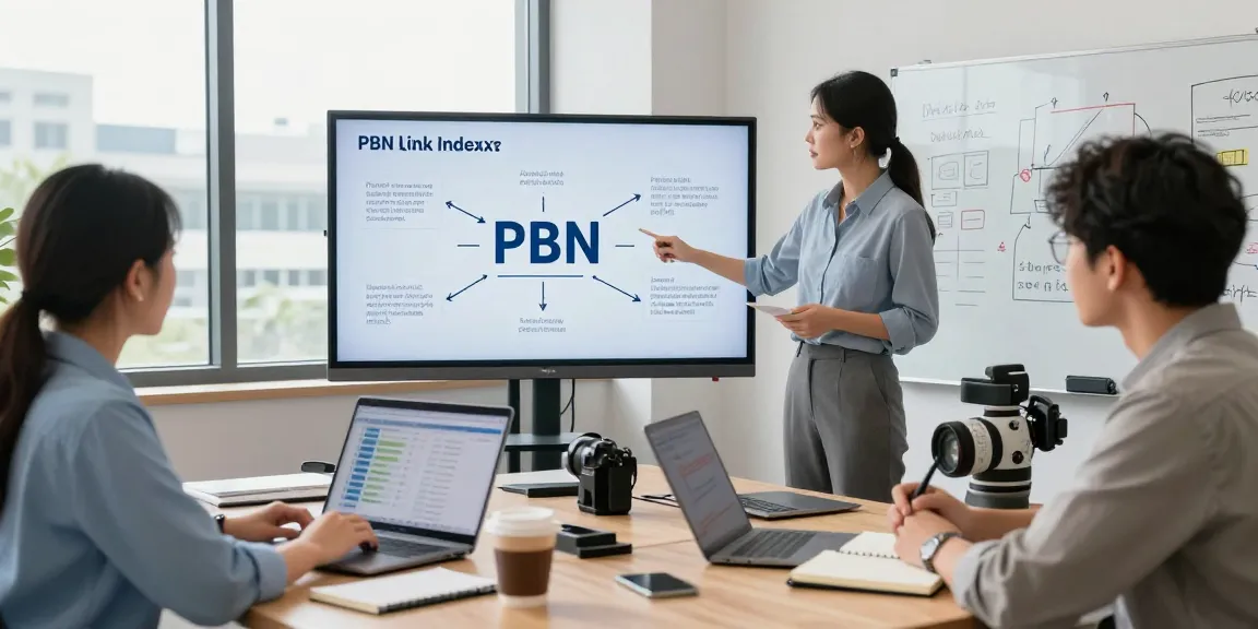 PBN link indexing guide for digital marketing teams collaborating on SEO strategies in a bright office.