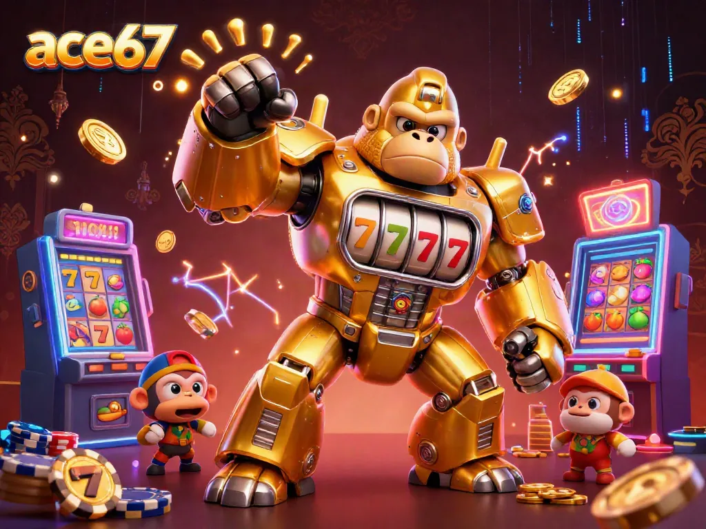 Experience the excitement of ace67 with a thrilling illustration of a golden gorilla mech and casino elements.