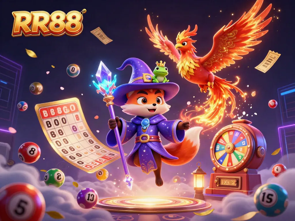 Experience exciting RR88 games with a mystical wizard fox and a phoenix amidst vibrant lottery elements.