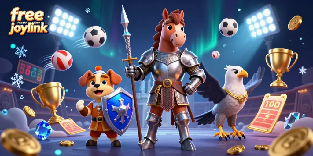 Win with free credit no deposit joylink at Asian online casinos surrounded by dynamic sports elements.
