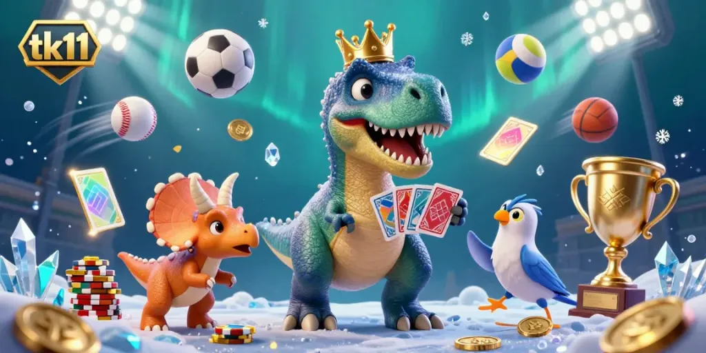 Engaging scene with tk11 featuring a T-Rex, pterodactyl, and triceratops among vibrant gaming elements.