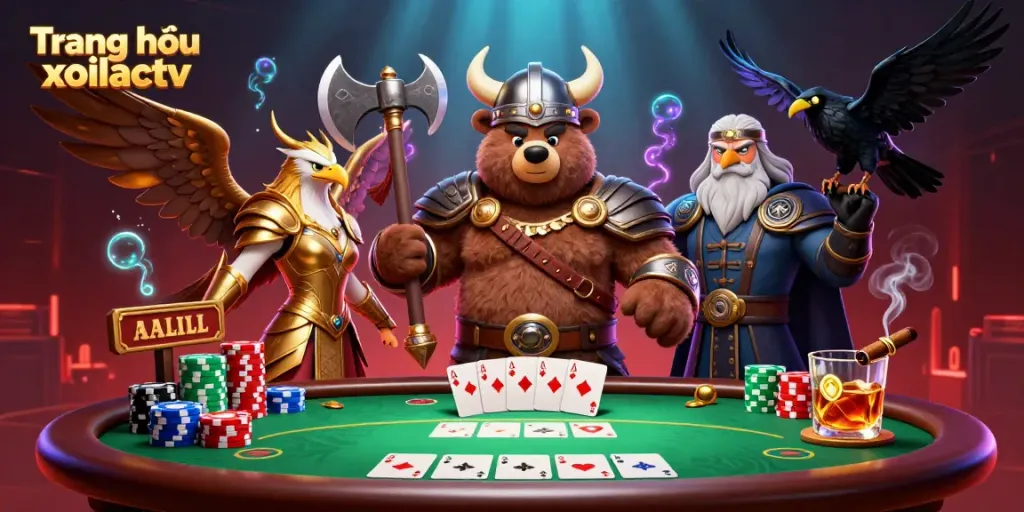 Experience high-definition gameplay at Trang chủ xoilactv with a fierce Viking bear and Valkyrie eagle in a vibrant casino scene.