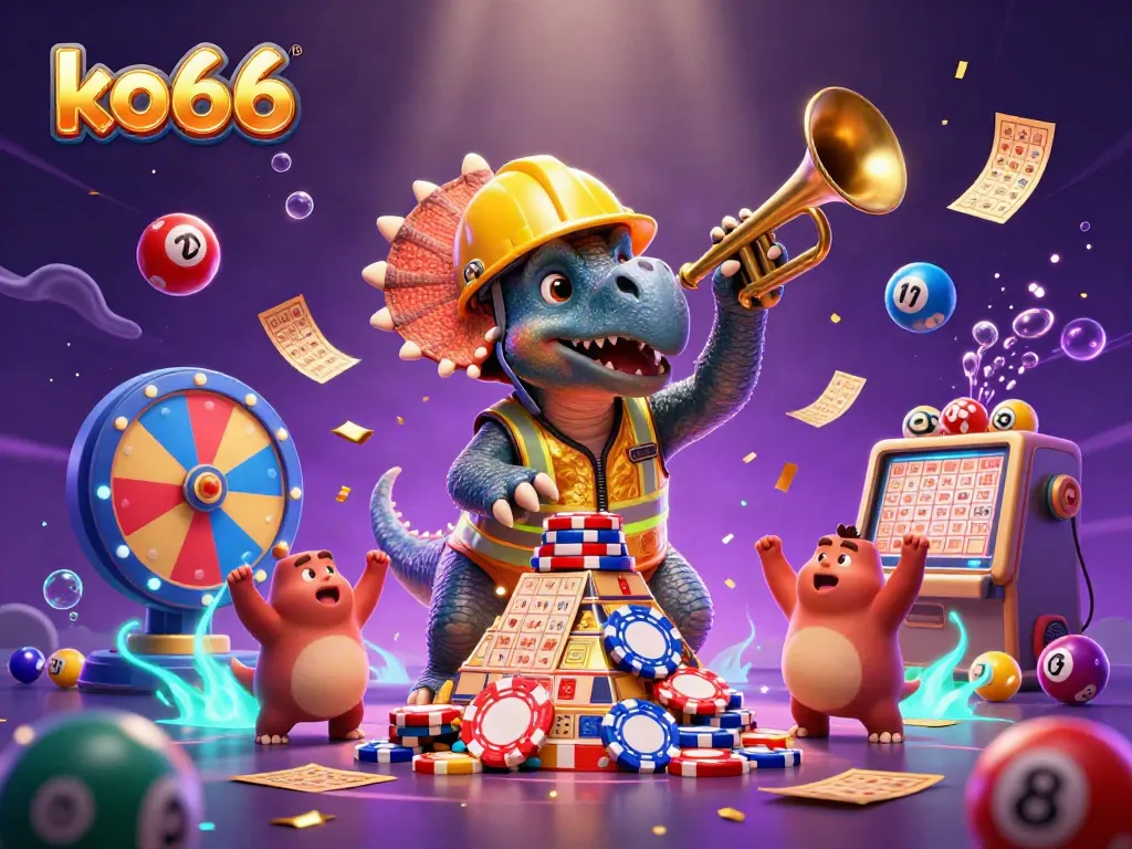 Experience thrilling gaming excitement with ko66's vibrant casino atmosphere, featuring excited characters and colorful elements.