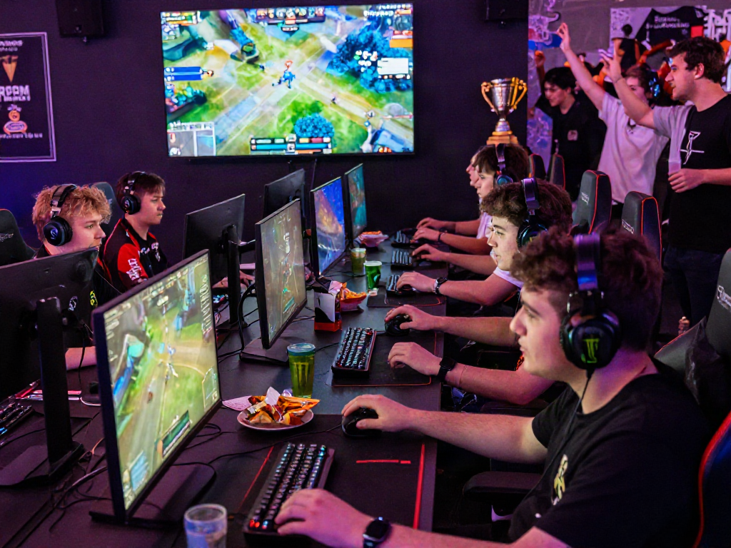 Players immersed in rokok88 esports competition, vibrant gaming setups with LED lighting.