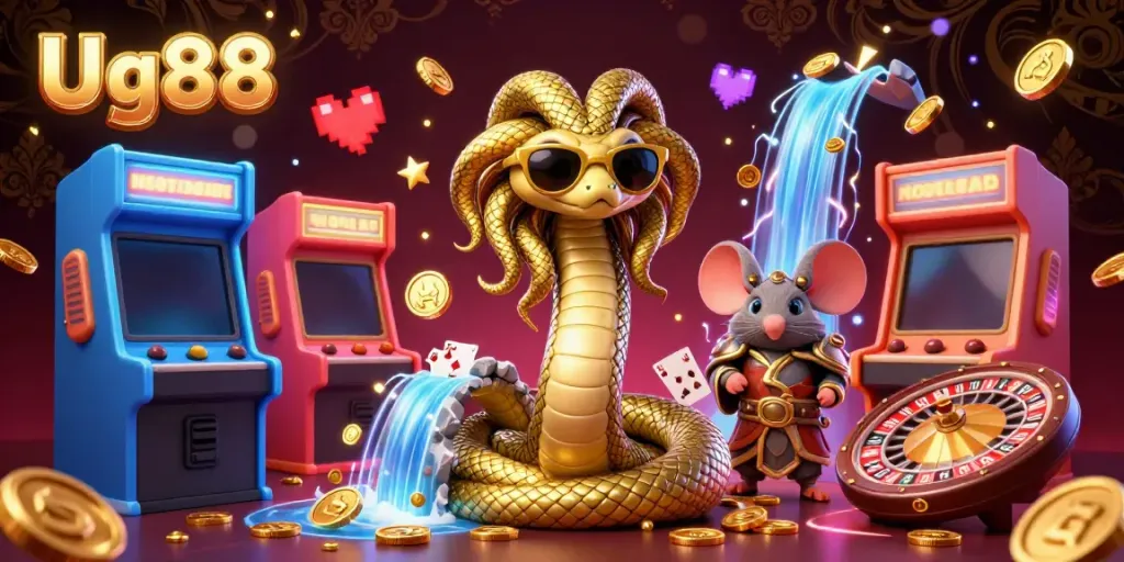 Engage with Ug88's vibrant casino atmosphere featuring a friendly Medusa and warrior mouse.