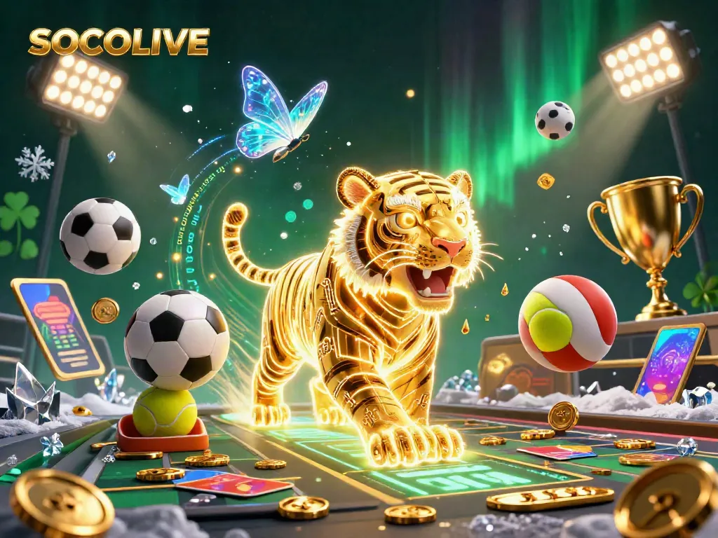 Engage with SOCOLIVE, the vibrant world of sports betting, featuring a neon tiger in an energetic casino.