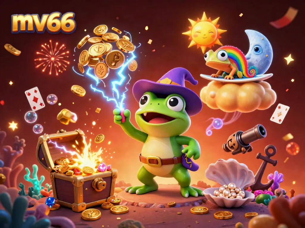 Engage in thrilling gameplay with mv66, where a weather wizard frog unleashes gold coins amidst a vibrant casino scene.