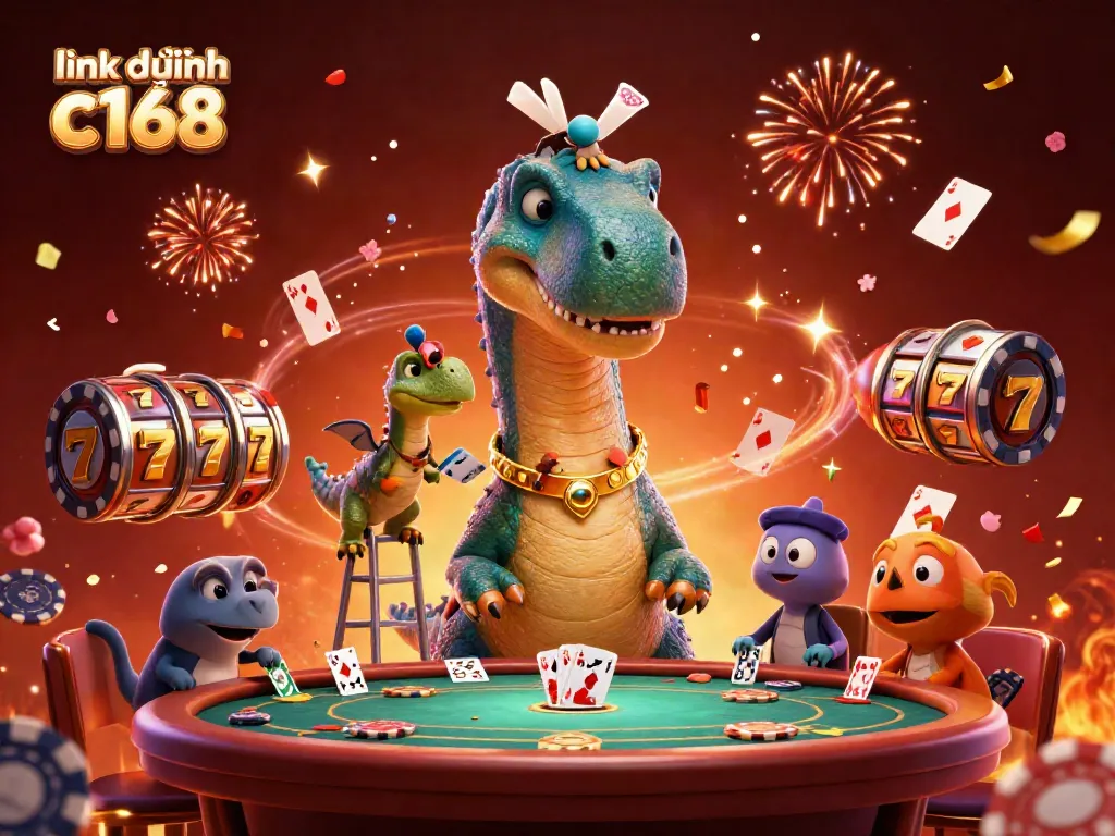 Engage with link dự phòng c168 in a vibrant and dynamic casino scene featuring a cartoon dinosaur and raptor.