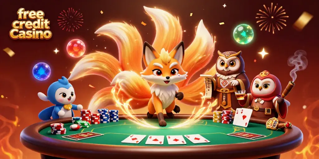 Engage in the vibrant free credit casino scene with a glowing nine-tailed fox and poker elements.