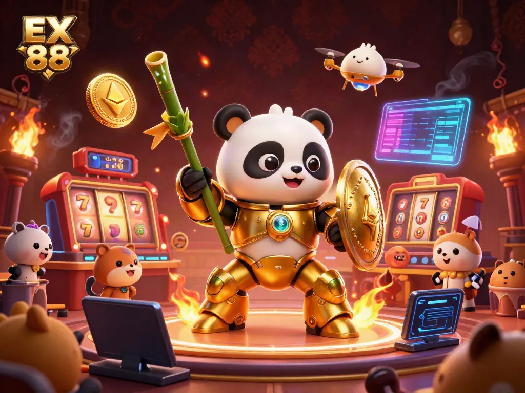 Engage with EX 88's vibrant 3D casino illustration featuring animated characters and glowing cryptocurrency elements.