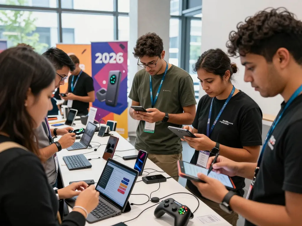 People engaging with smart tech gadgets at a tech fair, showcasing innovative Bluetooth devices and technology trends in 2026.