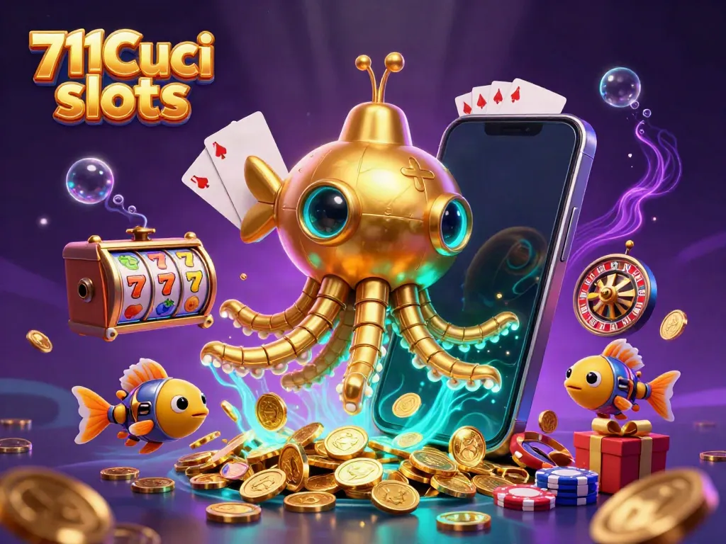 Experience thrilling 711Cuci slots with a kraken submarine surrounded by gold coins and casino elements.