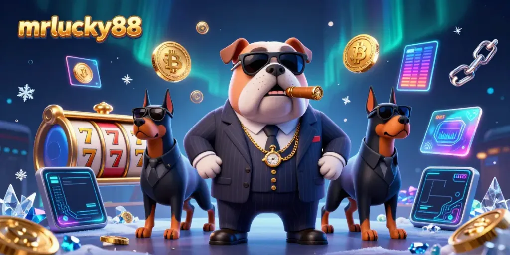 Experience thrilling slots and crypto excitement with mrlucky88's dynamic 3D casino illustration.