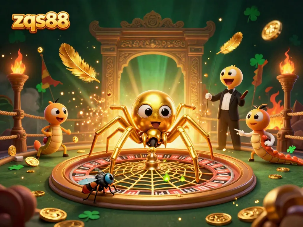 Engage in thrilling bets at zqs88, featuring a golden spider and centipede croupier in a vibrant casino scene.
