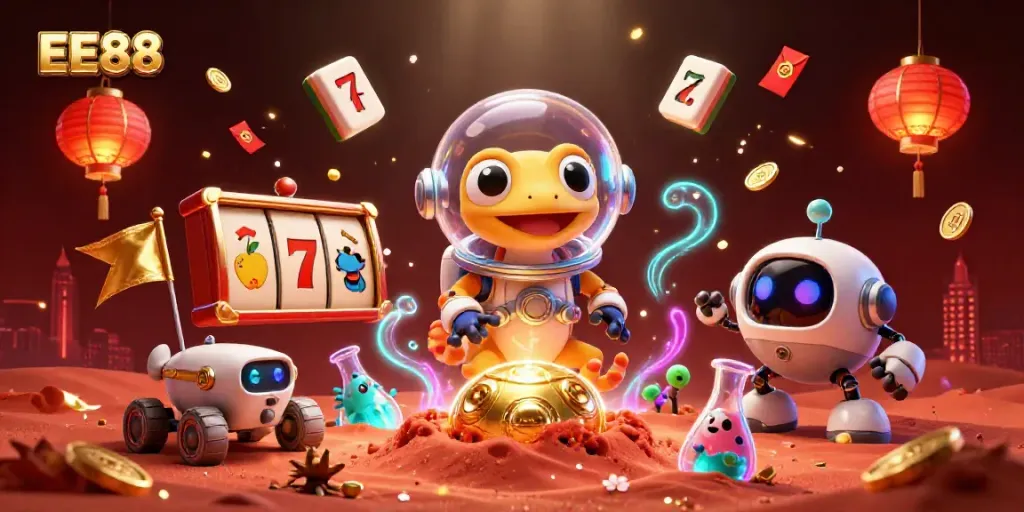Experience thrilling casino adventures with EE88 in a vibrant 3D Martian scene.