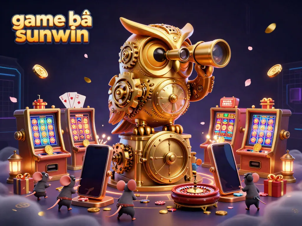 Engage in game bài sunwin with a lively 3D casino scene featuring a clockwork owl and vibrant game elements.
