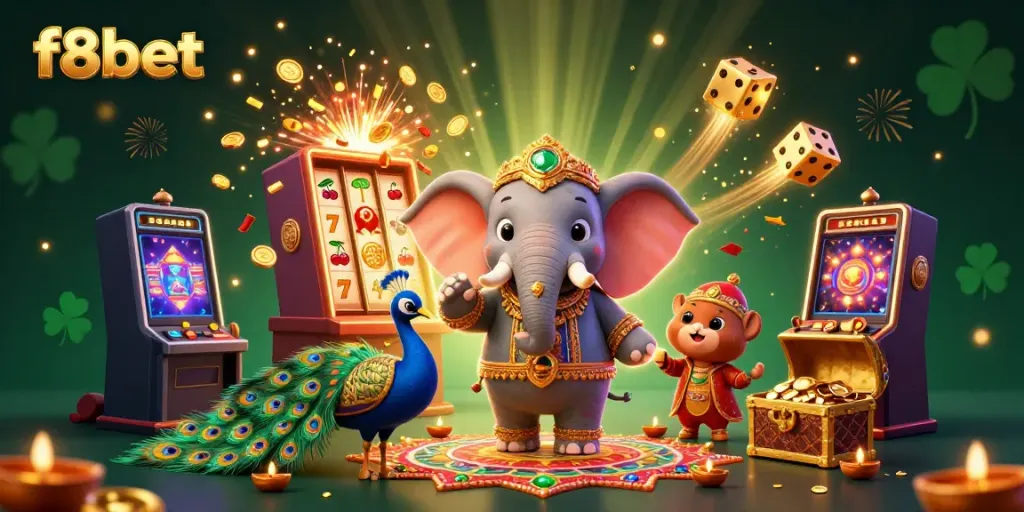 Experience excitement and winning strategies at f8bet with vibrant 3D casino elements and festive characters.